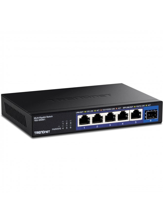 TRENDnet 6-Port Unmanaged 2.5G Switch with 10G SFP+Port, TEG-S5061, 5 x 2.5GBASE-T Ports, 45Gbps SwitchingCapacity, Fanless, Wall Mountable,Lifetime Protection,Black