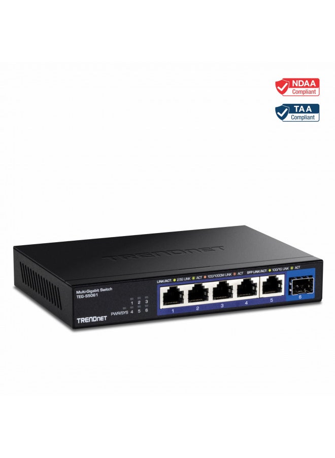 TRENDnet 6-Port Unmanaged 2.5G Switch with 10G SFP+Port, TEG-S5061, 5 x 2.5GBASE-T Ports, 45Gbps SwitchingCapacity, Fanless, Wall Mountable,Lifetime Protection,Black