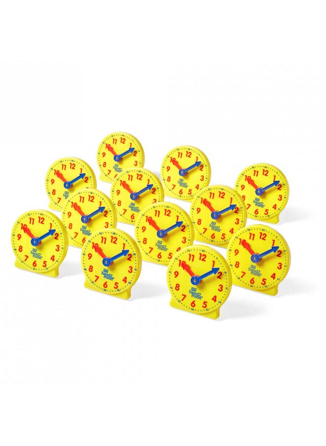 hand2mind Mini Geared Clock, Telling Time Teaching Clock, Learn to Tell Time Clock, Analog Learning Clock, Clock for Kids Learning to Tell Time, Teaching Time Classroom Clock (Set of 12)