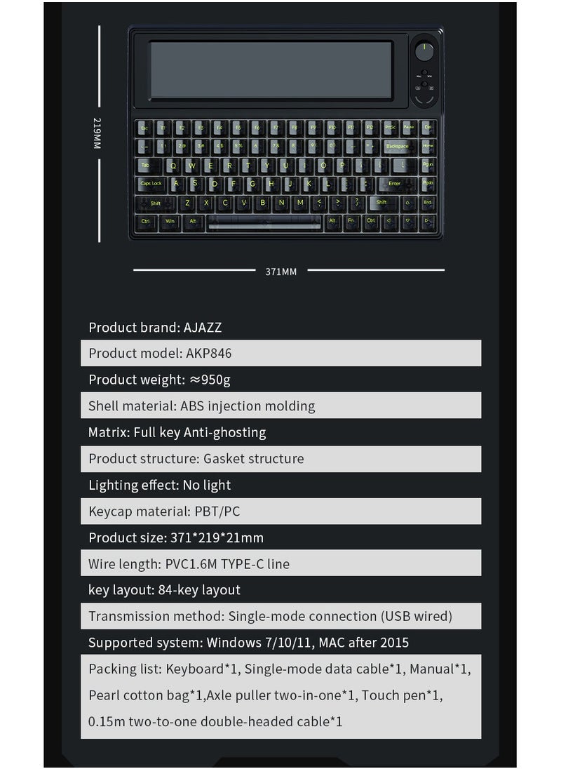 Ajazz AKP846 Mechanical Gaming Keyboard with 10.1-Inch Touchscreen, Hot-Swappable Switches, QMK/VIA Programmable, 84 Keys + Metal Knob, Noise-Dampening Structure, USB-C Wired Connection