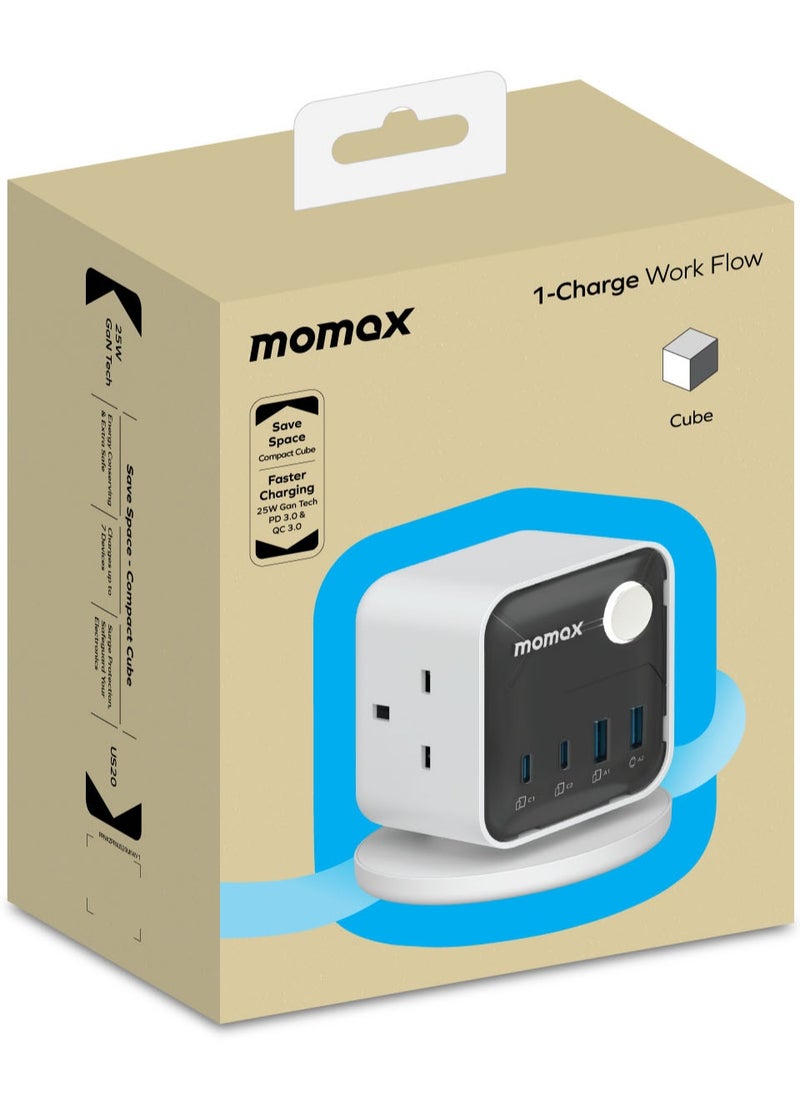 1-Charge Work Flow 3-Outlet GaN Power Cube With 25W USB Output - White