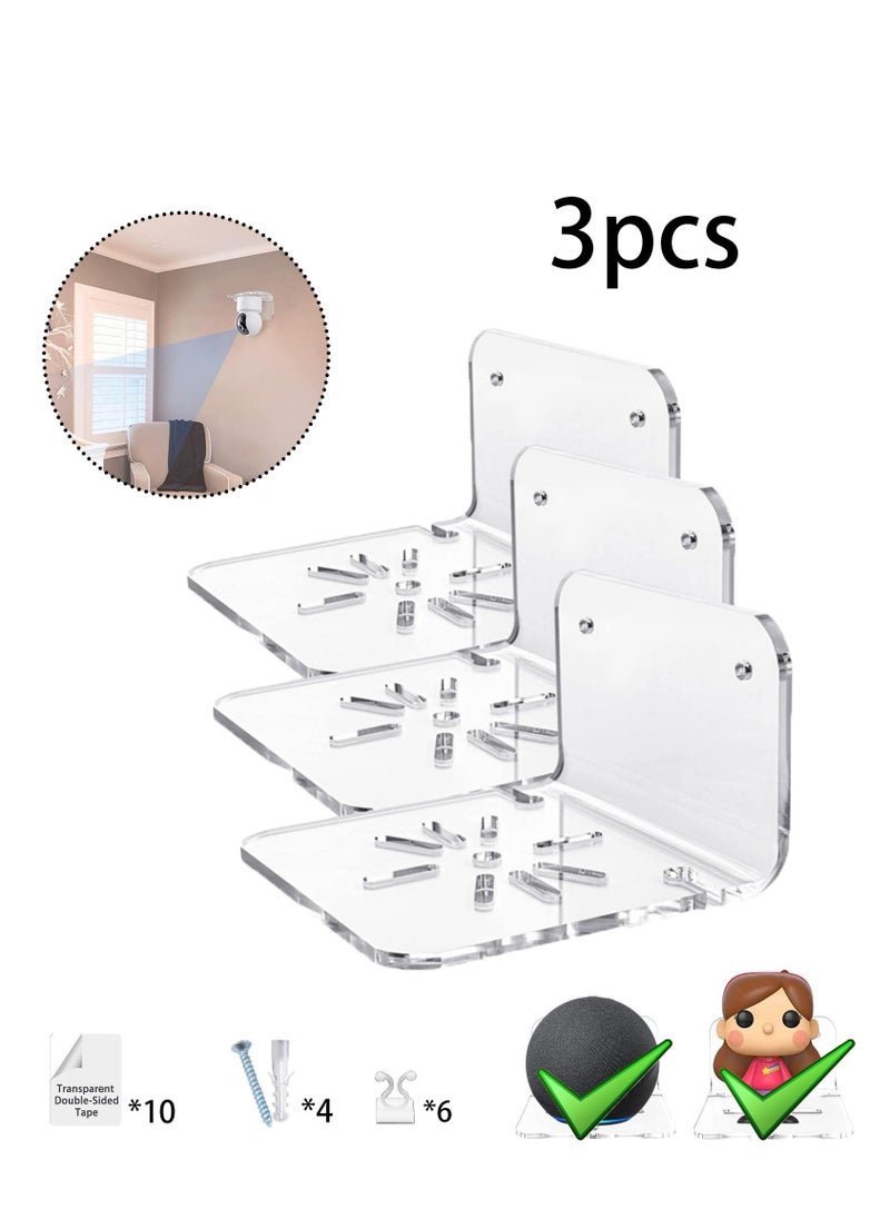 Acrylic Wall Mount, Wall Mounted Display Stand, Camera Wall Mount, Home & Office Multifunctional Wall Mount, 3 Acrylic Small Wall Stand for Security Camera Speakers, Baby Monitors, More 4 Universal Adhesive Stands, Easy to Install, No Drilling, With Cable Clamps