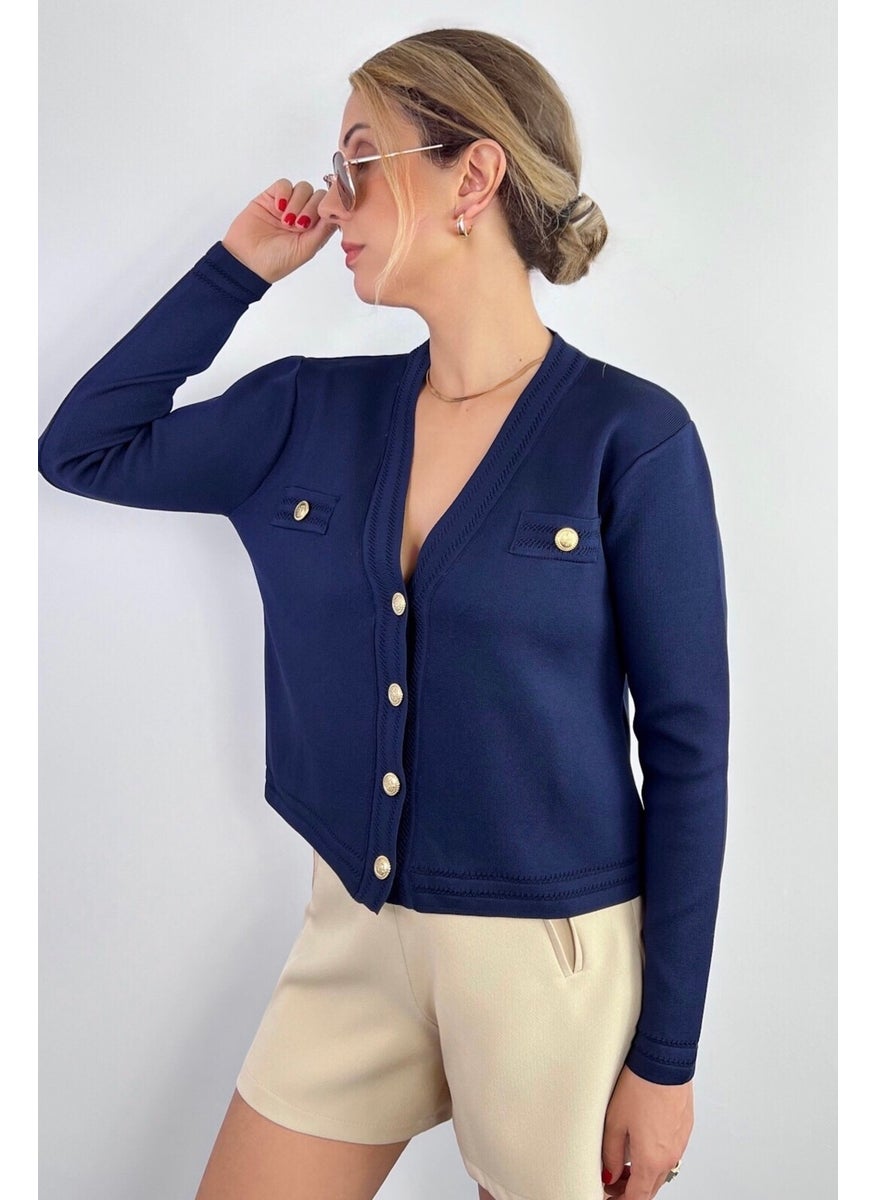 Women's Lia Navy Blue Gold Buttoned Knitwear Cardigan