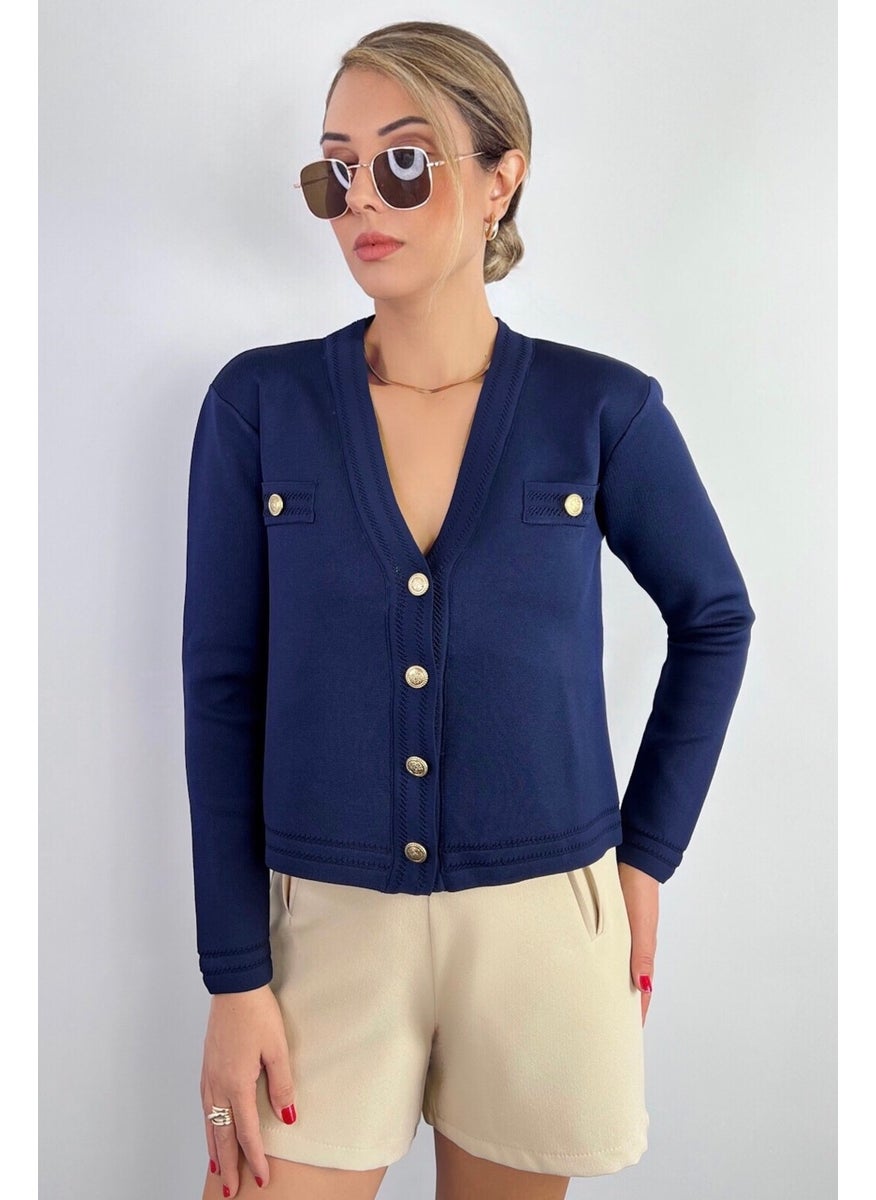 Women's Lia Navy Blue Gold Buttoned Knitwear Cardigan