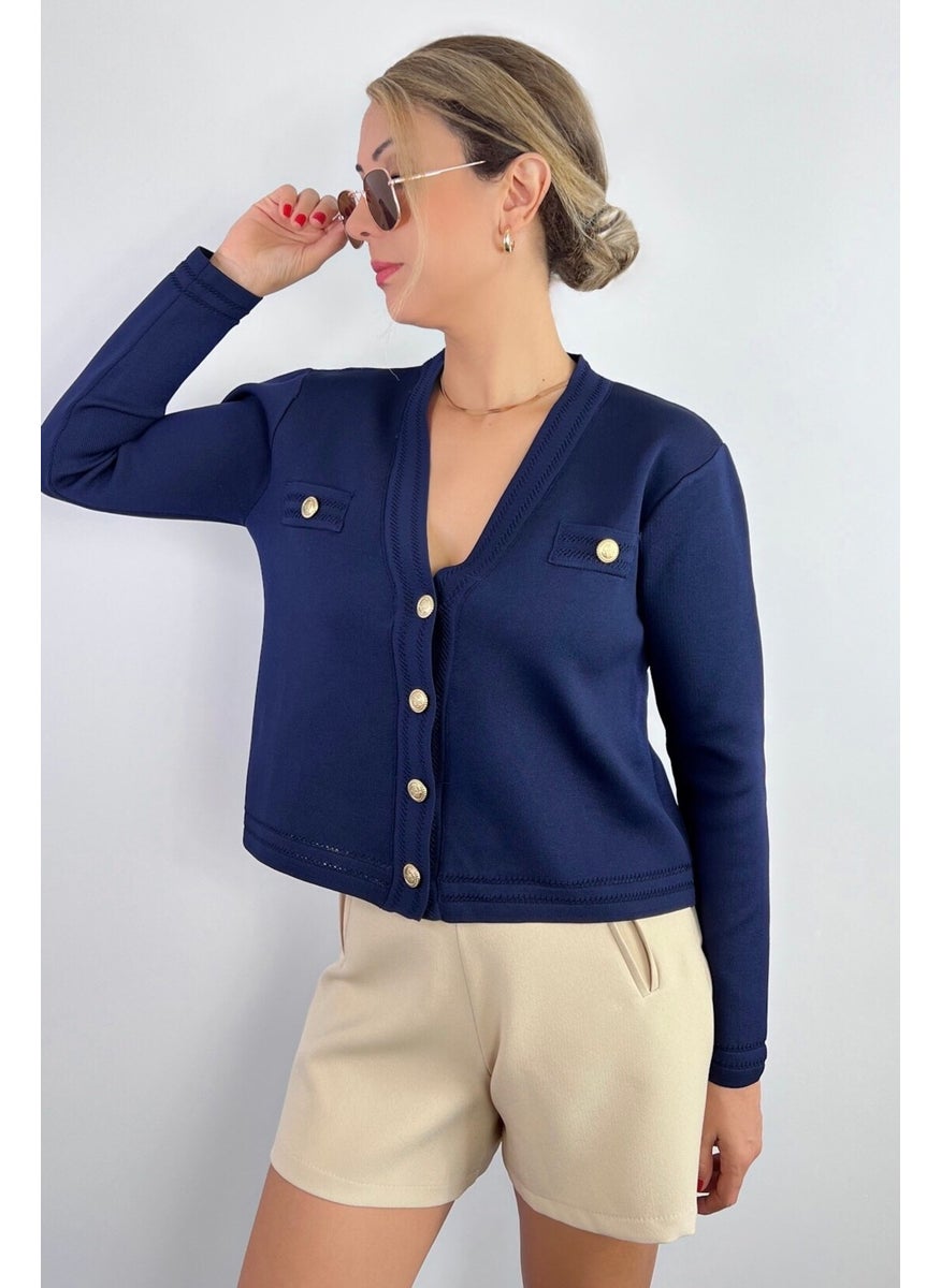 Women's Lia Navy Blue Gold Buttoned Knitwear Cardigan