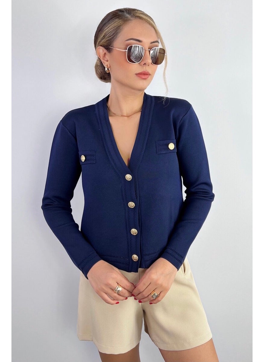 Women's Lia Navy Blue Gold Buttoned Knitwear Cardigan