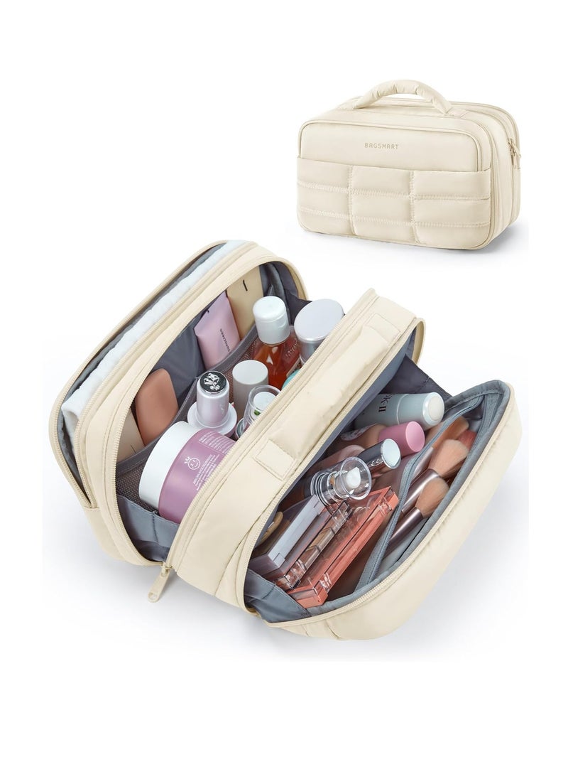 BAGSMART Toiletry Bag for Women, Travel Makeup Bag, Wide-open Portable Make Up Bag Organizer for Women for Travel Essentials Travel-Size Toiletries Accessories Bottles, Brushes, Beige