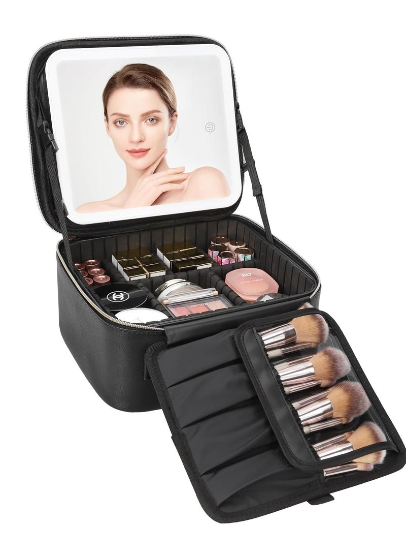 Relavel Travel Makeup Bag With LED Mirror, Cosmetic Train Case with Light up Mirror, Portable Makeup Artist Organizer Bag with Adjustable Dividers, Makeup Brush Holder Storage, Black