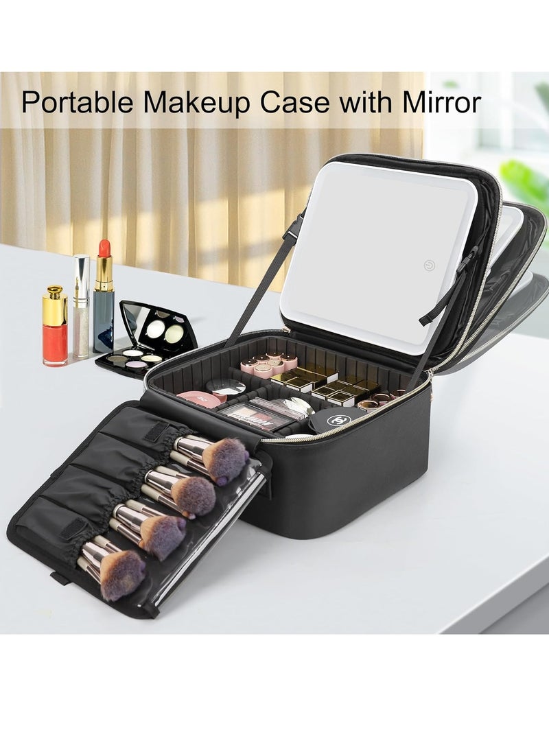 Relavel Travel Makeup Bag With LED Mirror, Cosmetic Train Case with Light up Mirror, Portable Makeup Artist Organizer Bag with Adjustable Dividers, Makeup Brush Holder Storage, Black