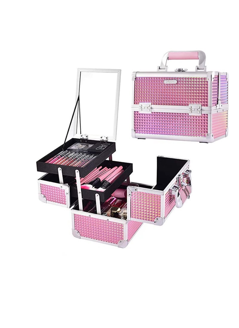 Joligrace Makeup Train Case Cosmetic Box Portable Makeup Case Organizer 2 Trays Makeup Storage with Mirror Locking for Cosmetologist Aesthetic Supplies Nail Tech Traveling Makeup Box Mermaid Pink