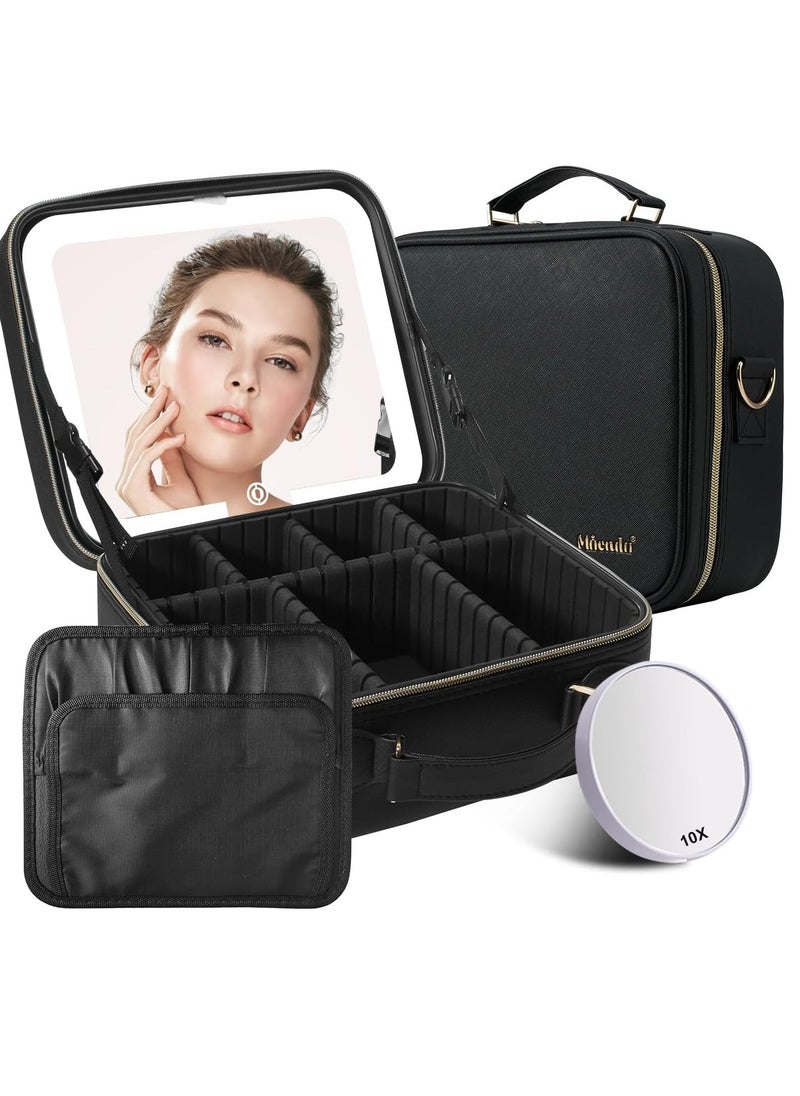 Mocado Travel Makeup Bag with LED Lighted Mirror,Travel Makeup Organizer,Makeup Case with 3 Color Lighted Setting and 10x Magnifying Mirror,Portable Storage and Adjustable Dividers Makeup Box(Black)