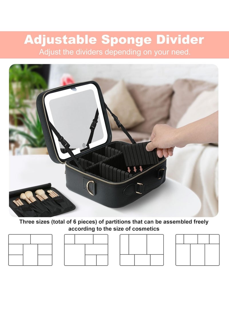 Mocado Travel Makeup Bag with LED Lighted Mirror,Travel Makeup Organizer,Makeup Case with 3 Color Lighted Setting and 10x Magnifying Mirror,Portable Storage and Adjustable Dividers Makeup Box(Black)