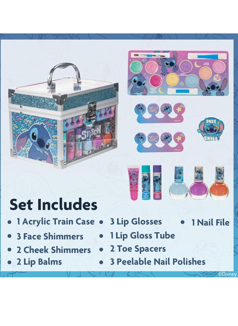 Stitch Train Case Beauty Set, Kids Makeup Kit for Girls, Real Washable Makeup Set, Play Makeup, Party Favor, Birthday, Ages 3 4 5 6 7 8 9 10 11 12 by Townley Girl