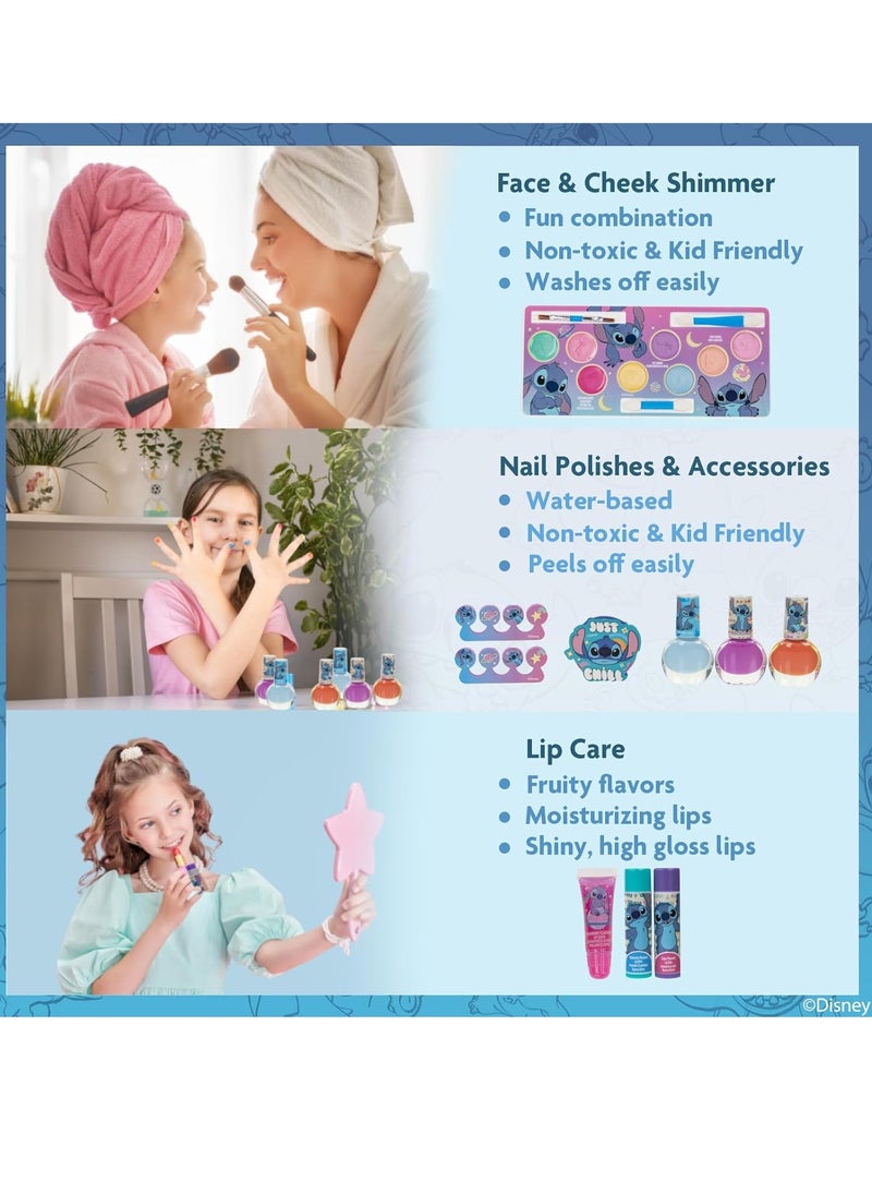 Stitch Train Case Beauty Set, Kids Makeup Kit for Girls, Real Washable Makeup Set, Play Makeup, Party Favor, Birthday, Ages 3 4 5 6 7 8 9 10 11 12 by Townley Girl