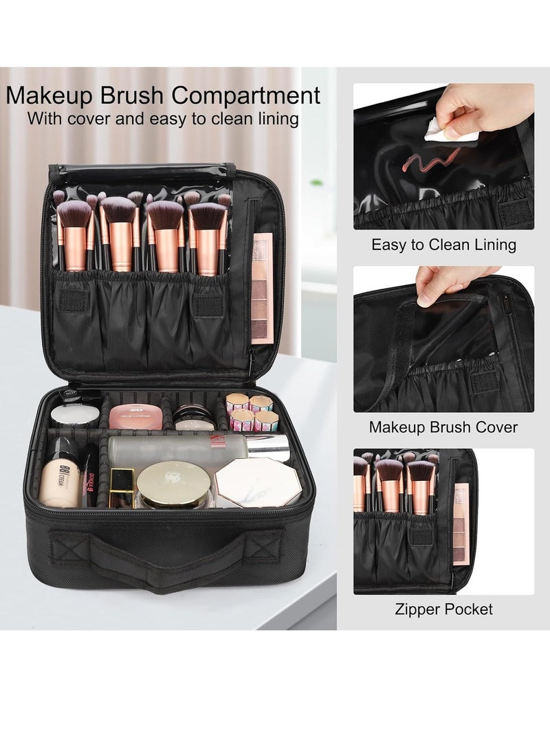 Relavel Travel Makeup Train Case Makeup Cosmetic Case Organizer Portable Artist Storage Bag with Adjustable Dividers for Cosmetics Makeup Brushes Toiletry Jewelry Digital Accessories Black