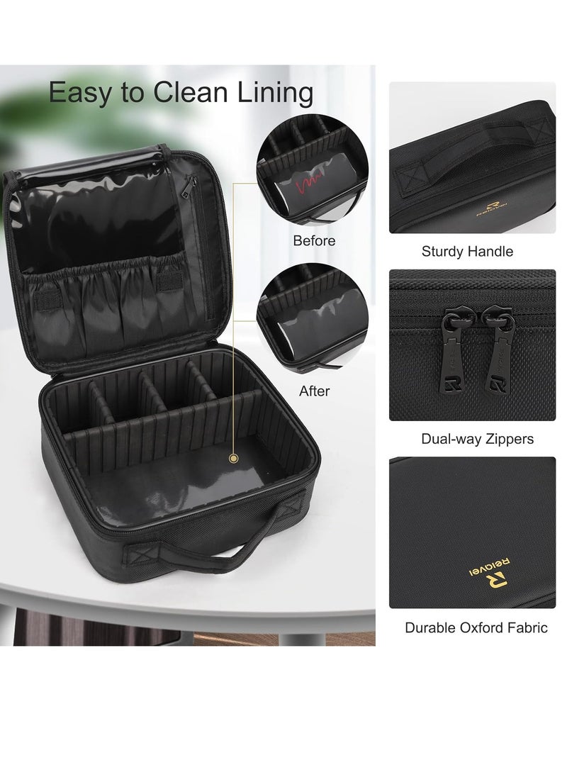 Relavel Travel Makeup Train Case Makeup Cosmetic Case Organizer Portable Artist Storage Bag with Adjustable Dividers for Cosmetics Makeup Brushes Toiletry Jewelry Digital Accessories Black