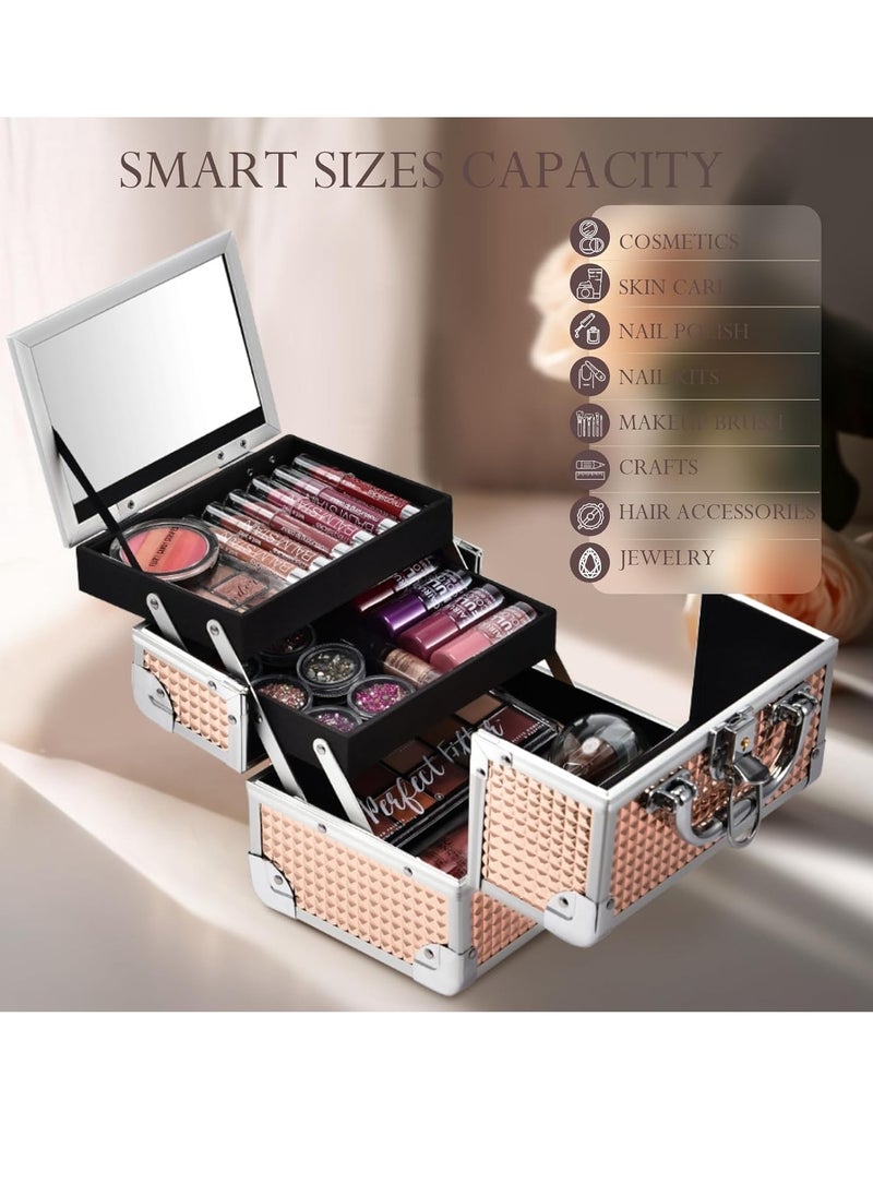 FRENESSA Makeup Train Case Portable Cosmetic Box Jewelry Organizer 2-Tier Trays Lockable with Keys and Mirror Carrying with Handle Makeup Storage Box - Rose Gold