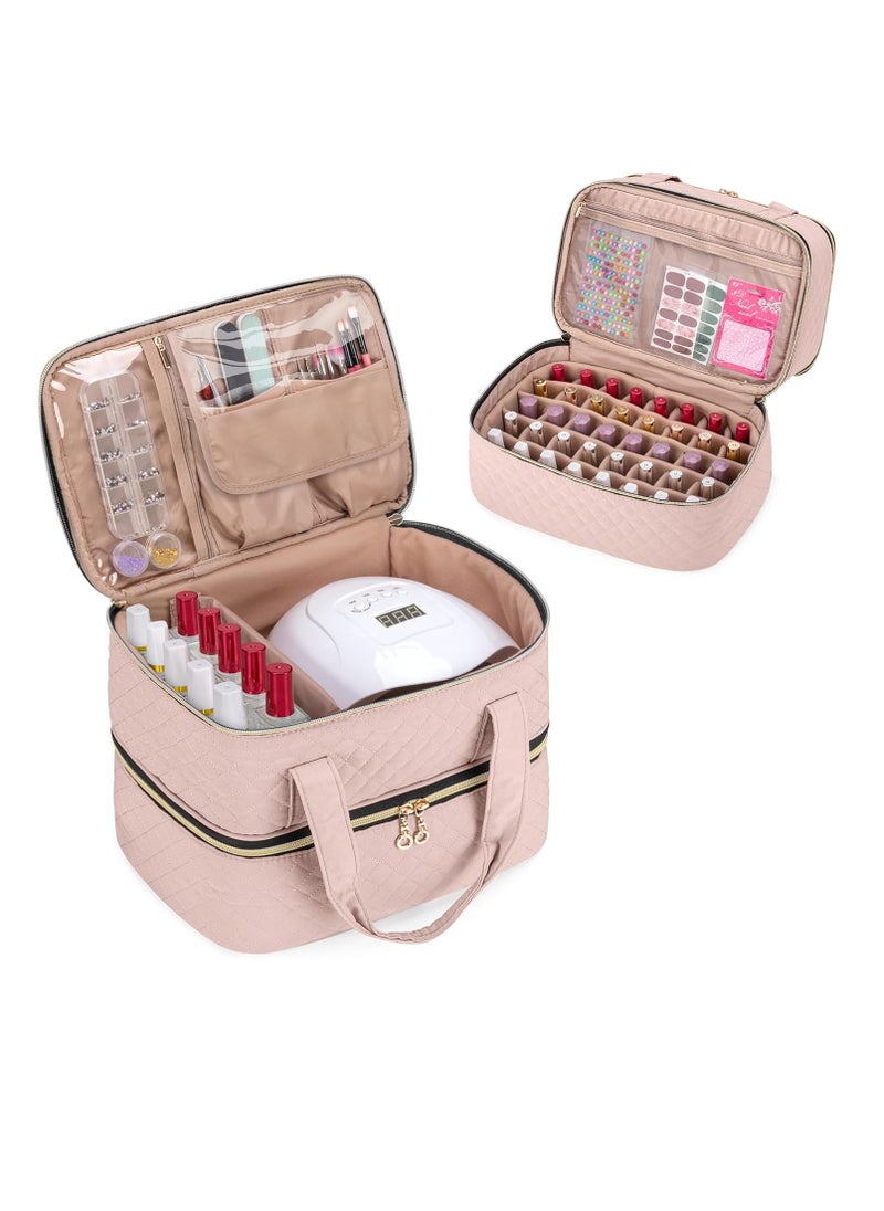 Yarwo Nail Polish Organizer Case Holds 50 Bottles(15ml/0.5 fl.oz) and Nail Lamp, Double Layers Nail Polish Bag with Adjustable Dividers for Nail Art Tools, Dusty Rose (Bag Only, Patent Design)