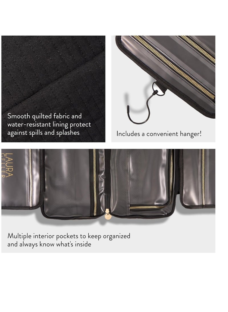 LAURA GELLER NEW YORK Quilted Folding Travel Makeup Bag, Black - Hanging Toiletry Bag Organizer for Travel - Large Capacity Full Size Makeup Bag - Easy to Clean