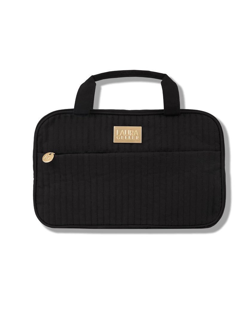 LAURA GELLER NEW YORK Quilted Folding Travel Makeup Bag, Black - Hanging Toiletry Bag Organizer for Travel - Large Capacity Full Size Makeup Bag - Easy to Clean