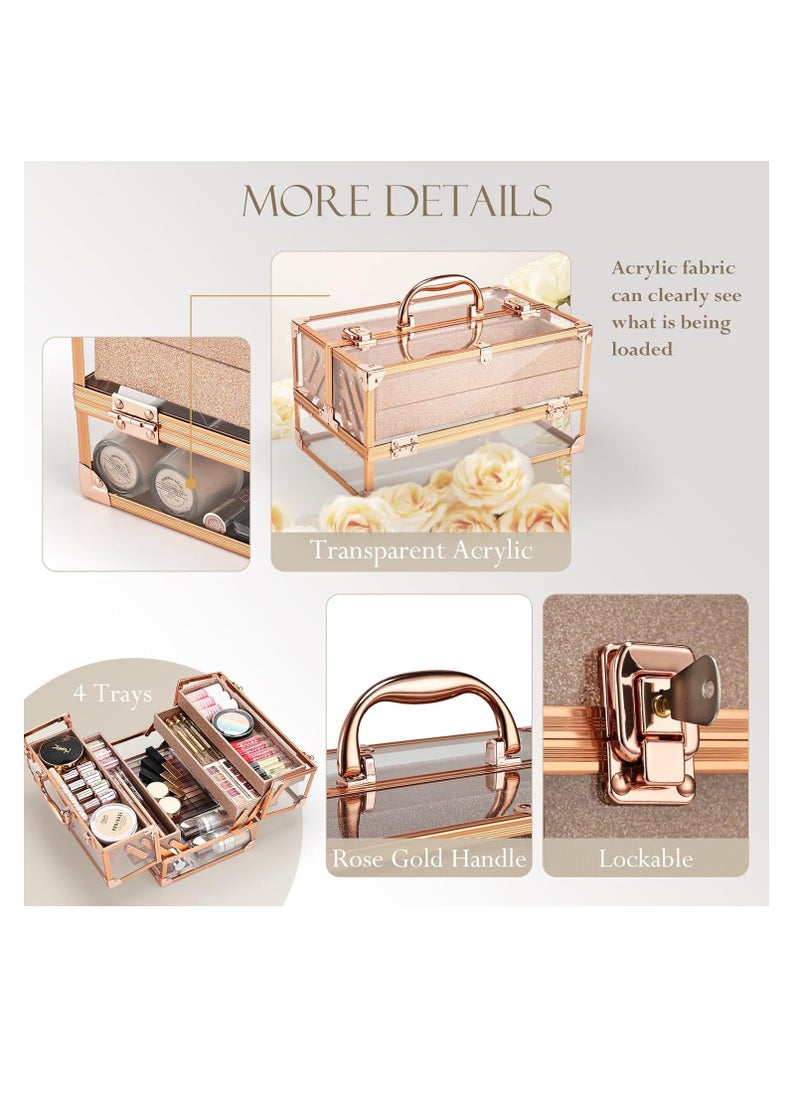 FRENESSA Makeup Train Case 11.8 INCH Cosmetic Storage Box Acrylic Makeup Organizer Portable 4 Trays Makeup Display Case for Stylist Makeup Artist Craft Traveling Case Organizer Rose Gold