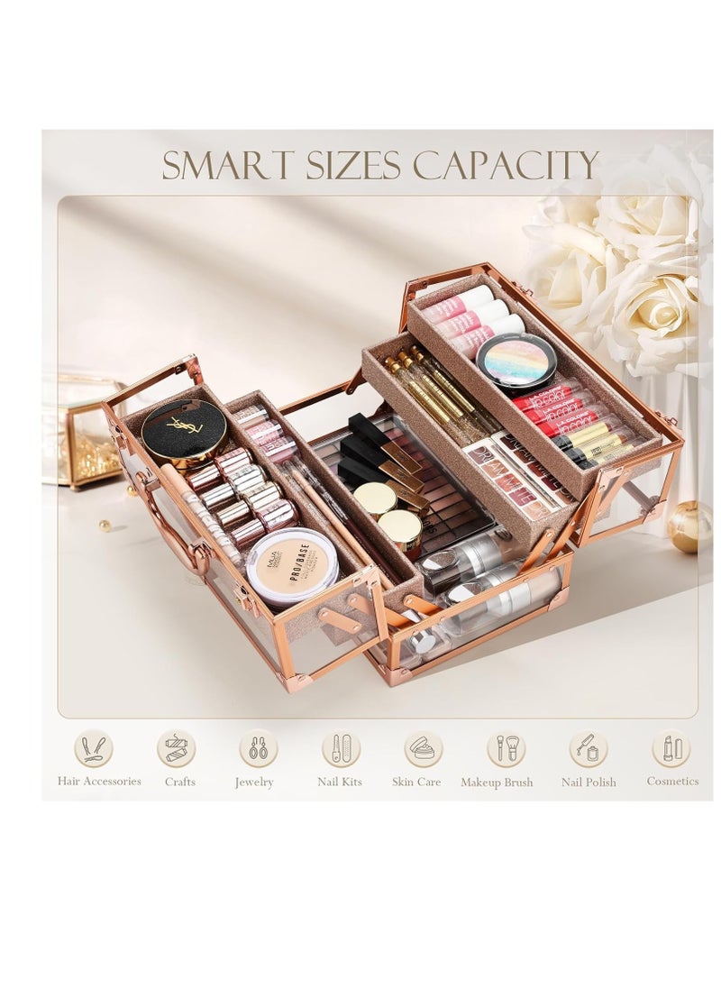 FRENESSA Makeup Train Case 11.8 INCH Cosmetic Storage Box Acrylic Makeup Organizer Portable 4 Trays Makeup Display Case for Stylist Makeup Artist Craft Traveling Case Organizer Rose Gold