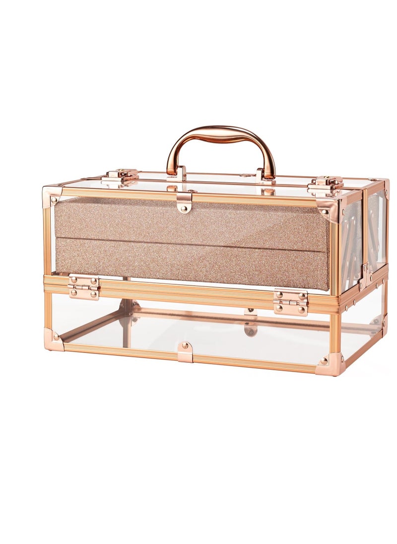 FRENESSA Makeup Train Case 11.8 INCH Cosmetic Storage Box Acrylic Makeup Organizer Portable 4 Trays Makeup Display Case for Stylist Makeup Artist Craft Traveling Case Organizer Rose Gold