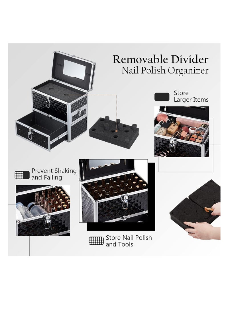 Frenessa Nail Polish Makeup Train Case with Drawer and Dividers Manicure Organizer Accessory Storage Makeup Box With Mirror Lockable Keys Nail Kit Organizer Cosmetic Case Jewelry Box - Black