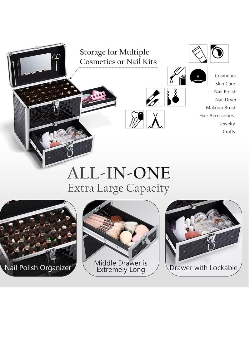 Frenessa Nail Polish Makeup Train Case with Drawer and Dividers Manicure Organizer Accessory Storage Makeup Box With Mirror Lockable Keys Nail Kit Organizer Cosmetic Case Jewelry Box - Black