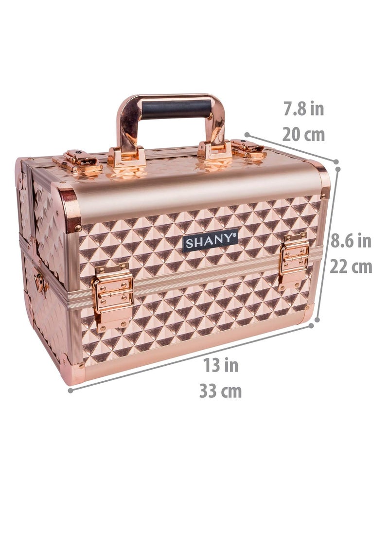 SHANY Premier Fantasy Professional Makeup Train Case Cosmetic Box Portable Makeup Case Organizer Jewelry storage with Locks, 3 Trays,Makeup Brush Holder and Cosmetics Mirror - Rose Gold