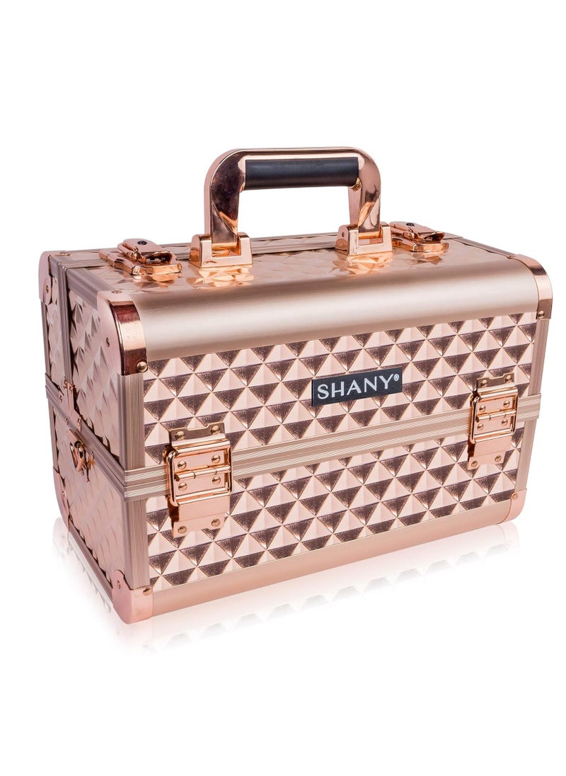 SHANY Premier Fantasy Professional Makeup Train Case Cosmetic Box Portable Makeup Case Organizer Jewelry storage with Locks, 3 Trays,Makeup Brush Holder and Cosmetics Mirror - Rose Gold