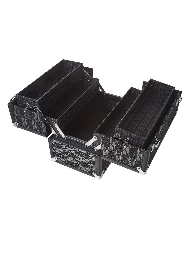 Caboodles Make Me Over 4 Tray Train Case, Cosmetic Storage Case & Organizer, Black Lace, 3.5 Lb