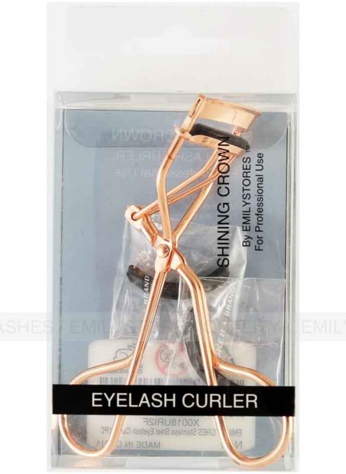 EMILYSTORES Professional Makeup Tool for Eyelashes with 2 Replacement Silicone Refill Pads Pinch Pain Free Metal Eyelash Curler 1PC, Golden Color