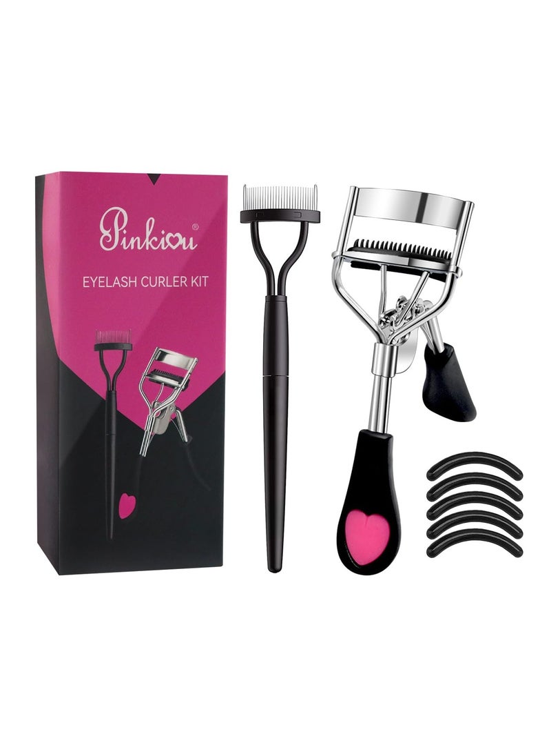 Pinkiou Eyelash Curlers with Comb and Eeylash Separator Set Professional Lash Curler with Built-in Comb Ergonomic Heart-Shaped Handle and Eyelash Comb Tool for Daily Makeup