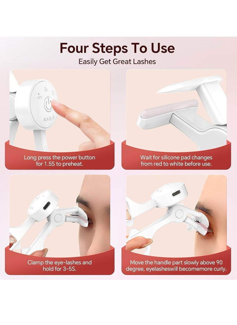 Heated Eyelash Curlers, C-Shaped Natural Curling, Fast Heat up Within 10s, 24 Hours Long Lasting, Rechargeable Electric Eyelash Curler with Type-C, Anti-Burn Mini Lash Curler, White