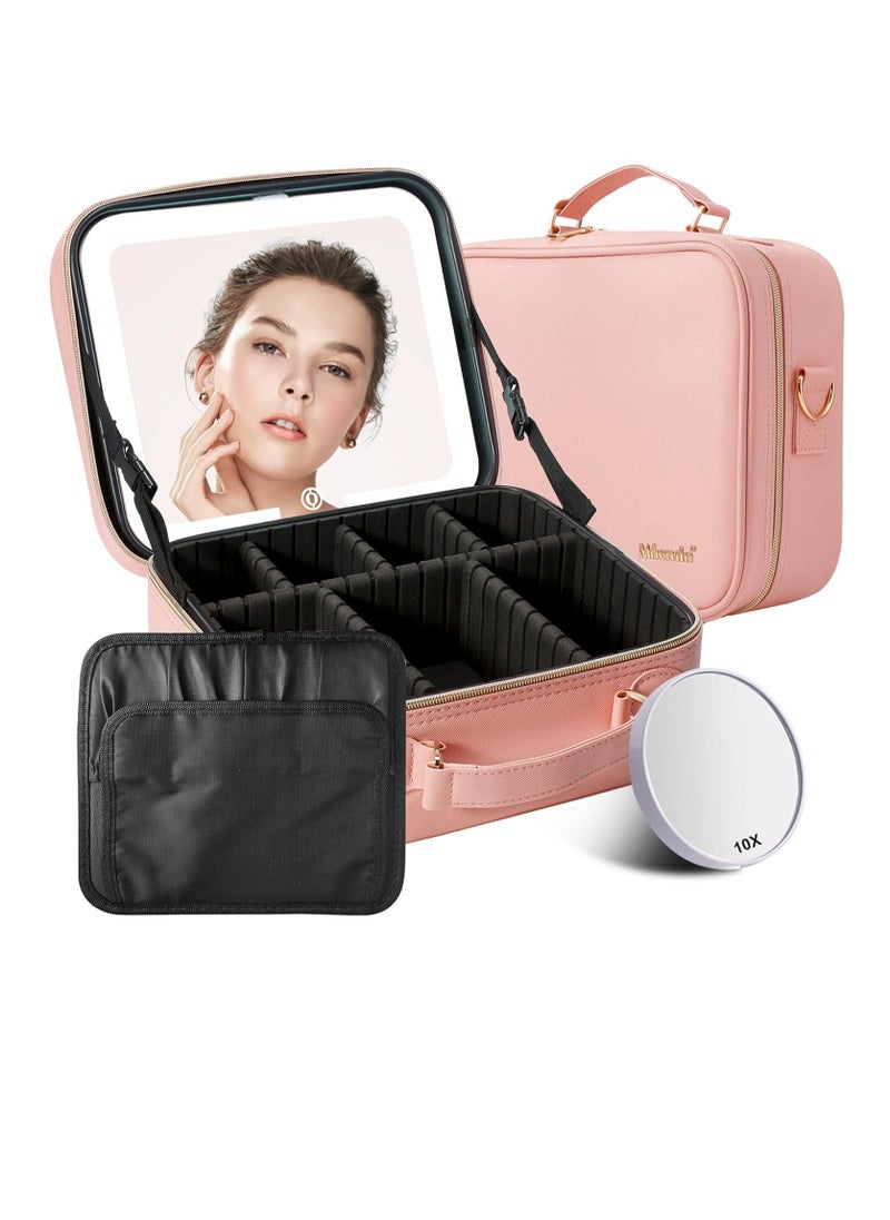 Mocado Travel Makeup Bag with LED Lighted Mirror, Travel Makeup Organizer, Makeup Case with 3 Color Lighted Setting and 10x Magnifying Mirror, Portable Storage and Adjustable Dividers Makeup Box(Pink)