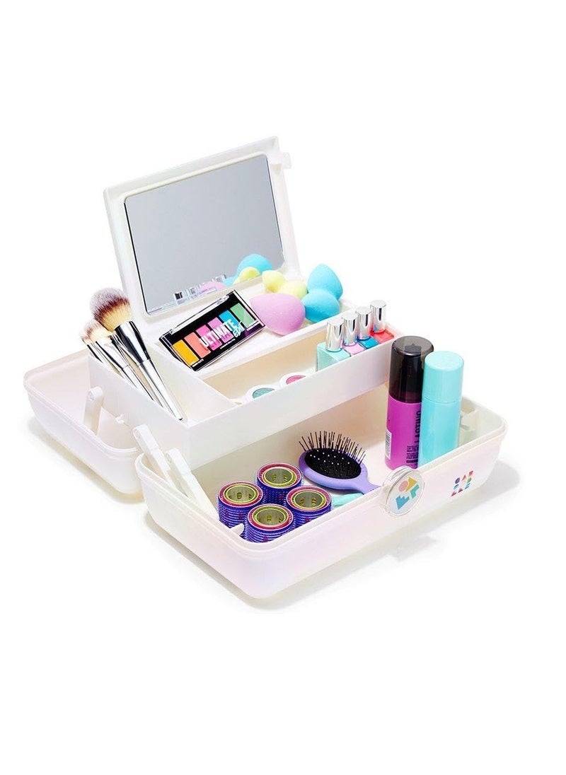 Caboodles On-The-Go Girl Makeup Box, White Opal, Hard Plastic Makeup Organizer Box, Built-In Mirror, Secure Latch for Safe Travel, Spacious Storage for Large Items