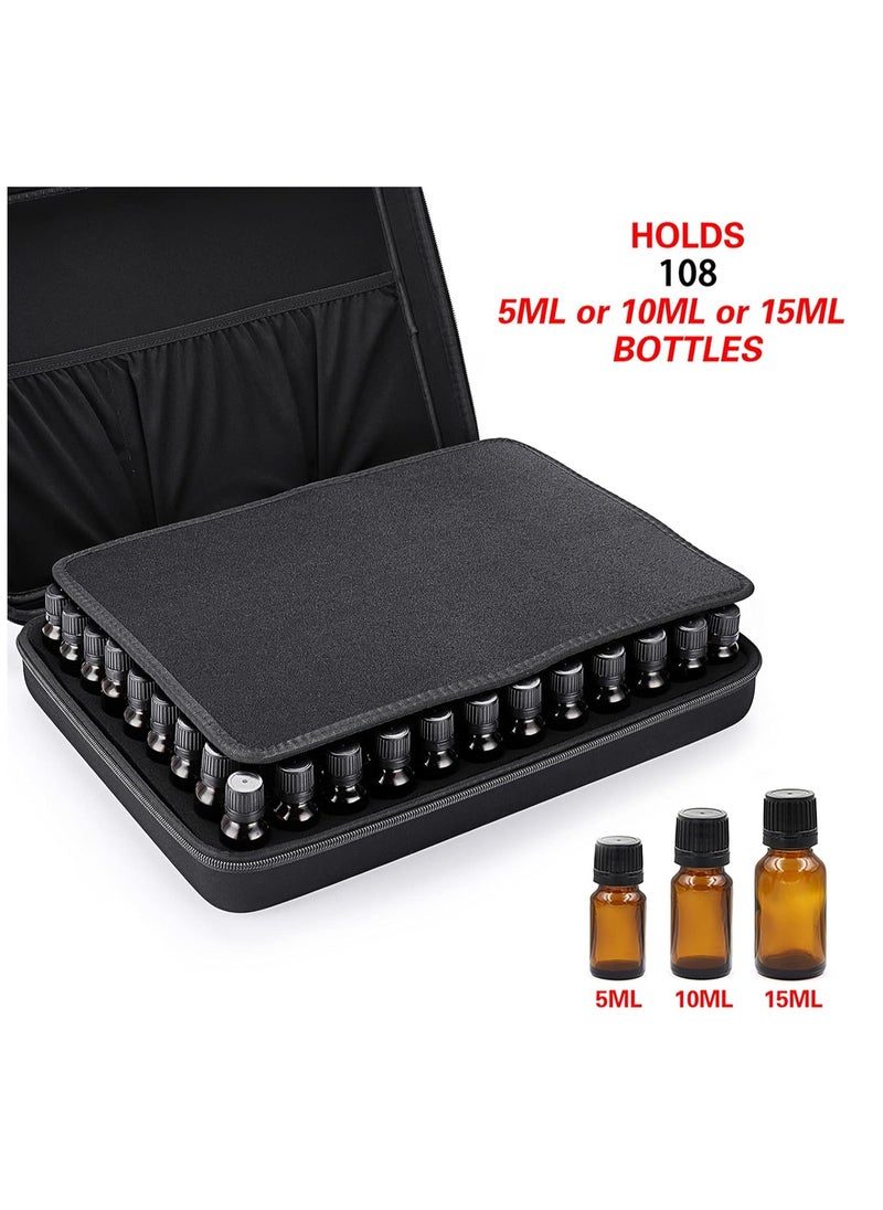 Hipiwe 108 Bottle Essential Oils Carrying Case Holds 5ml, 10ml, 15ml Bottles Hard Shell Exterior EVA Essential Oils Storage Organzier Bag with Foam Insert and Carrying Handle (Black 108 Slot)