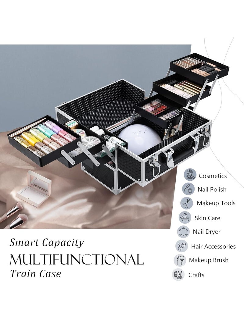 Makeup Train Case 12 inch Large Portable Cosmetic Case - 6 Tier Trays Professional Makeup Storage Organizer Box Make Up Carrier with Lockable keys Travel Case for Women and Girls Black