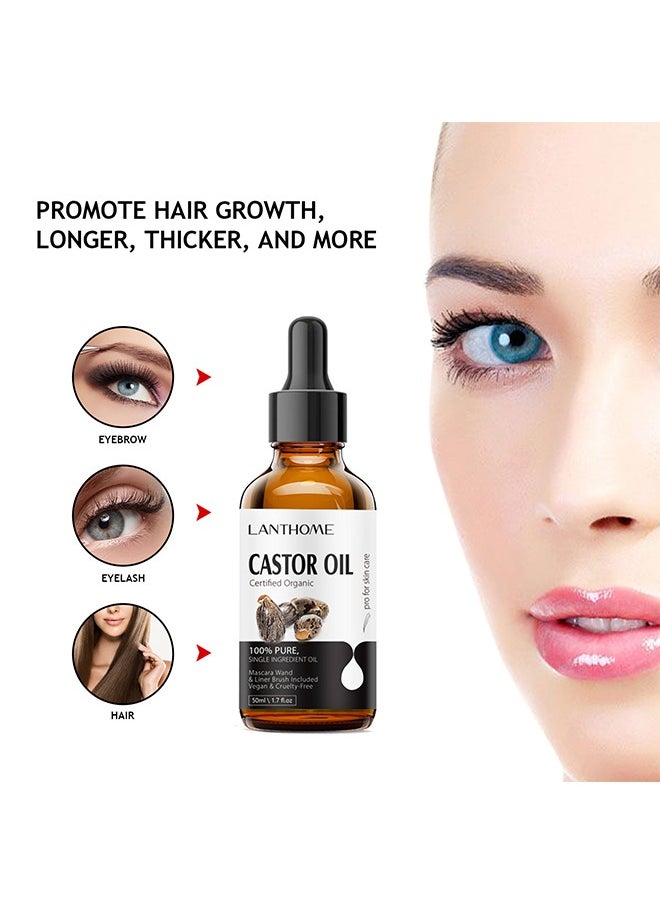 Castor Oil Certified Organic，Castor Oil For Eyelashes and Eyebrows, Organic Jamaican Black Castor Oil Cold Pressed Hair Growth Oil, Skin Moisturizer Body Oil ith Eyelash Kit 50ml