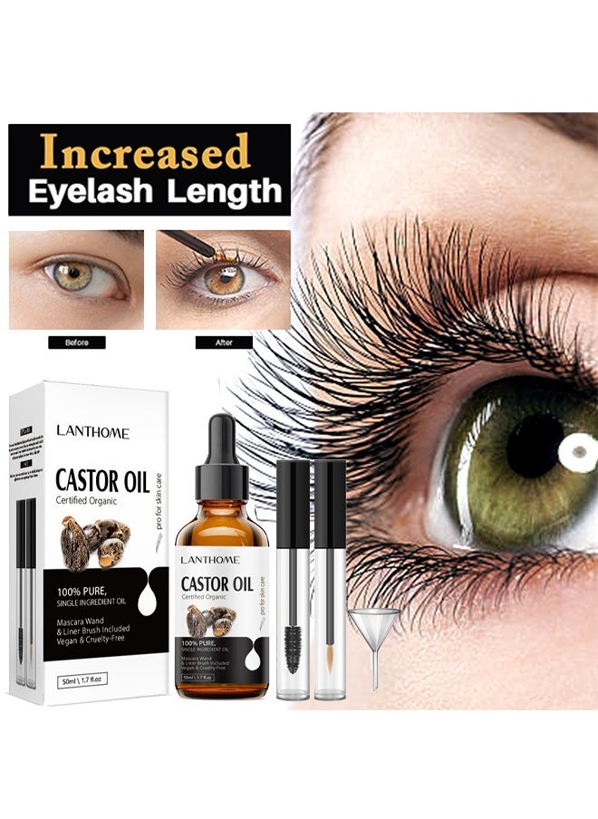 Castor Oil Certified Organic，Castor Oil For Eyelashes and Eyebrows, Organic Jamaican Black Castor Oil Cold Pressed Hair Growth Oil, Skin Moisturizer Body Oil ith Eyelash Kit 50ml