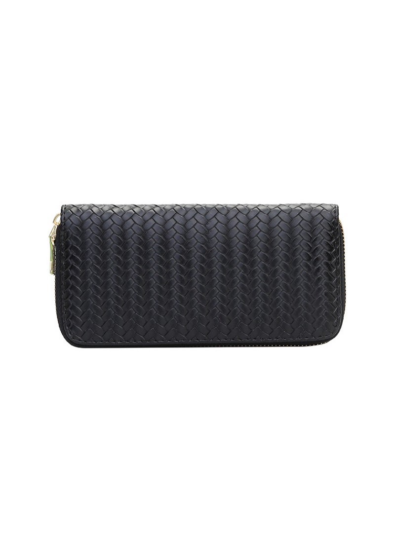 Fashionable PU leather woven wallet  zero wallet new trendy women's wallet  medium to long zipper handbag Black.