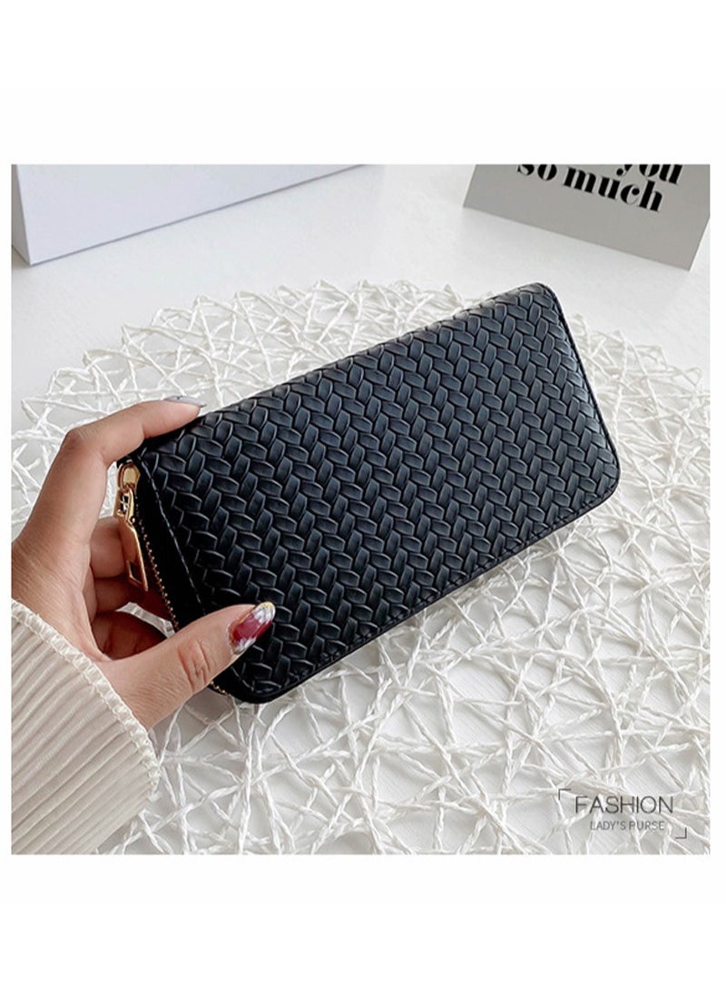 Fashionable PU leather woven wallet  zero wallet new trendy women's wallet  medium to long zipper handbag Black.