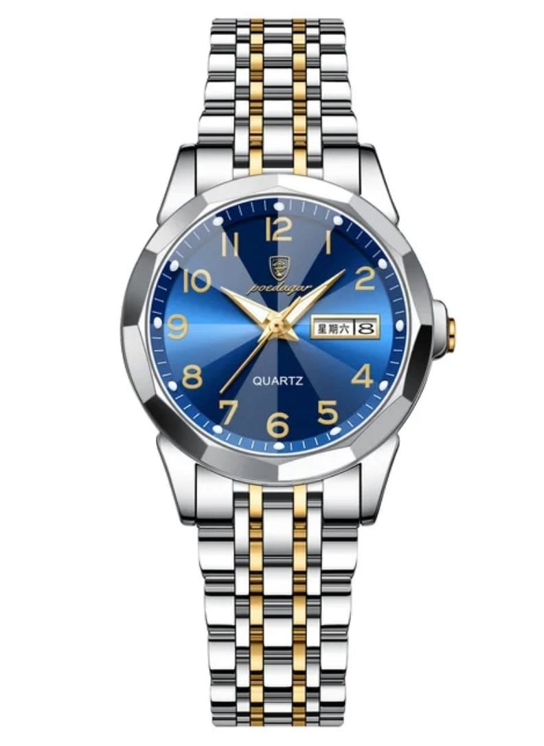 Wrist Watches For Women's Poedagar Design Stylish fancy stainless steel watch two tone band with trndy blue color dial