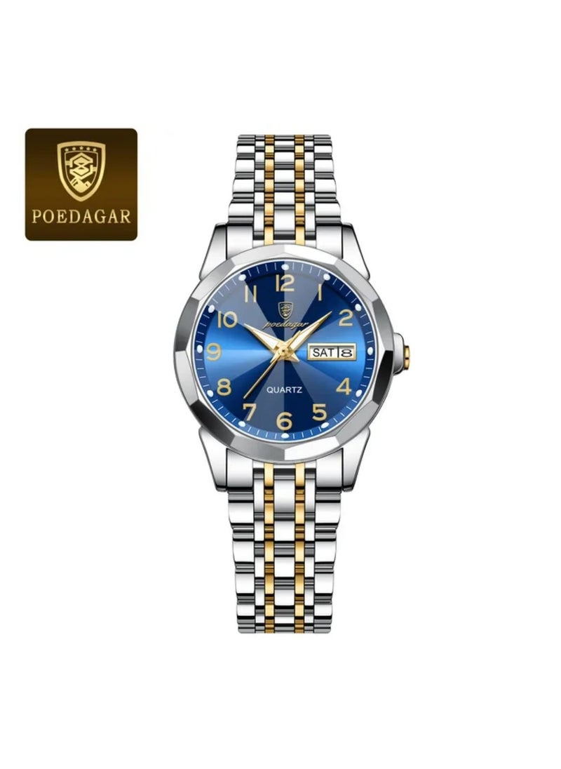 Wrist Watches For Women's Poedagar Design Stylish fancy stainless steel watch two tone band with trndy blue color dial