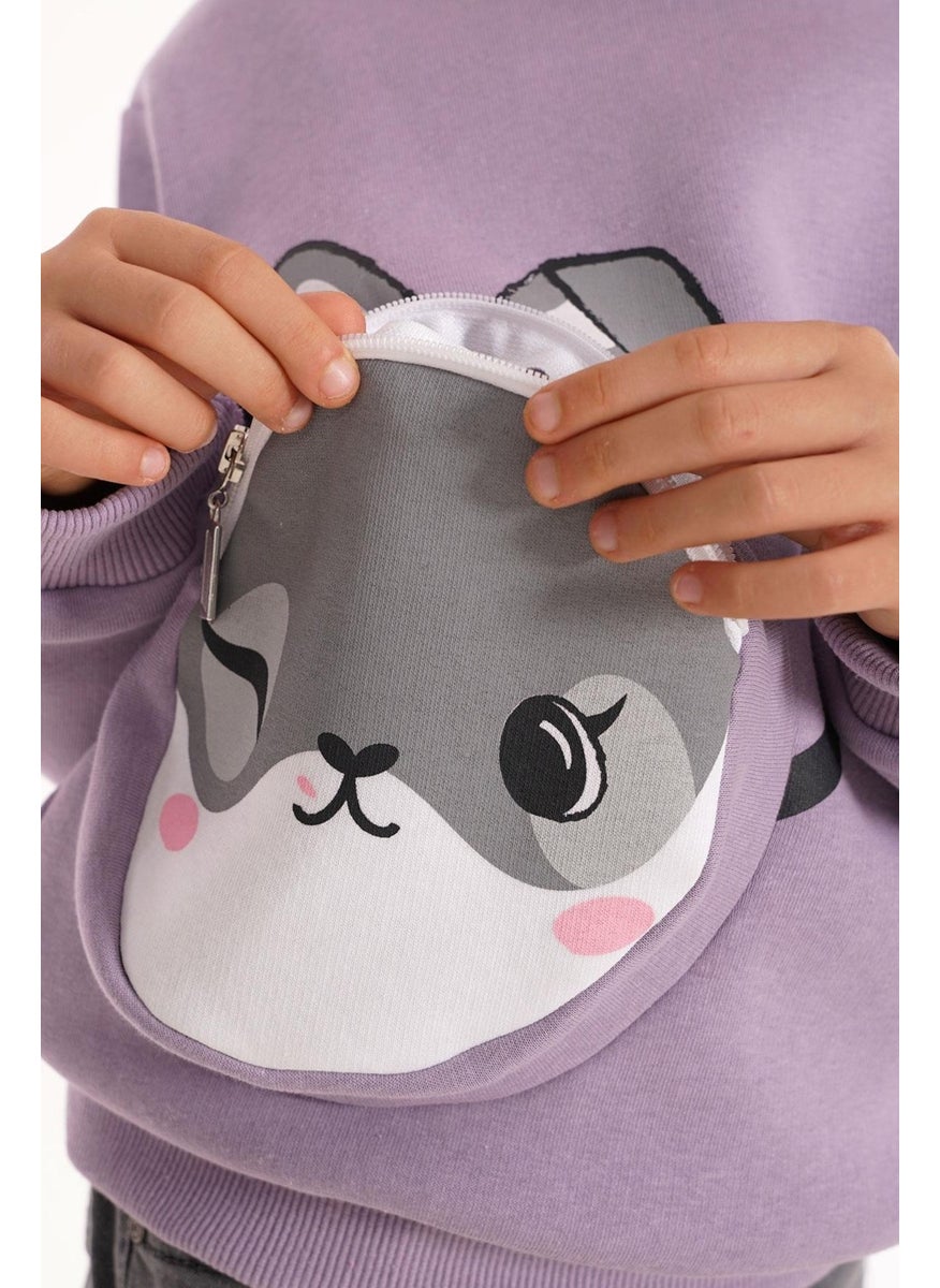 Rabbit Printed Bag Lilac Color Girl Sweater