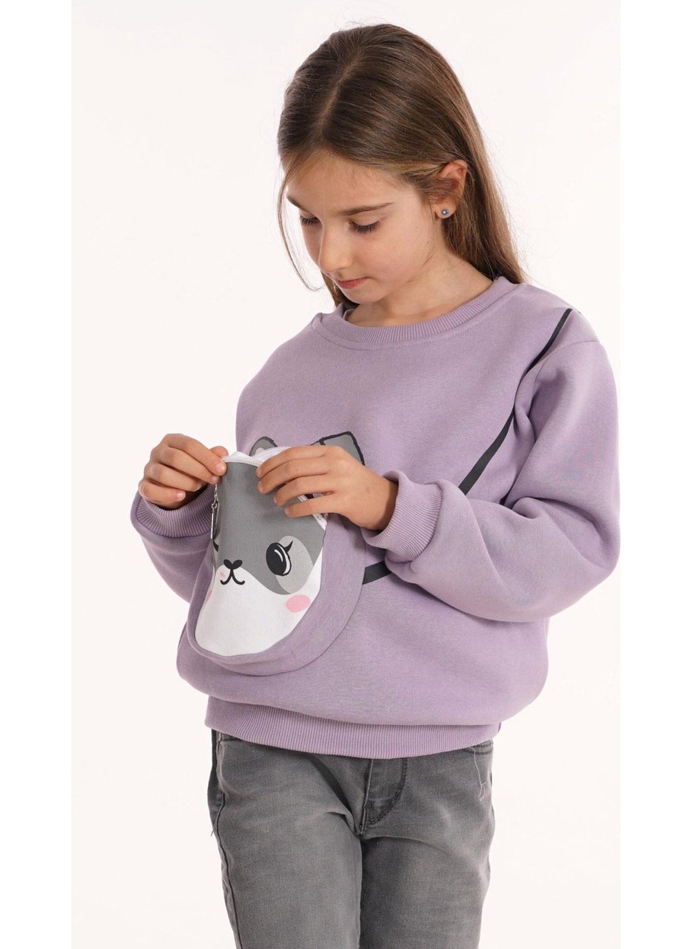 Rabbit Printed Bag Lilac Color Girl Sweater