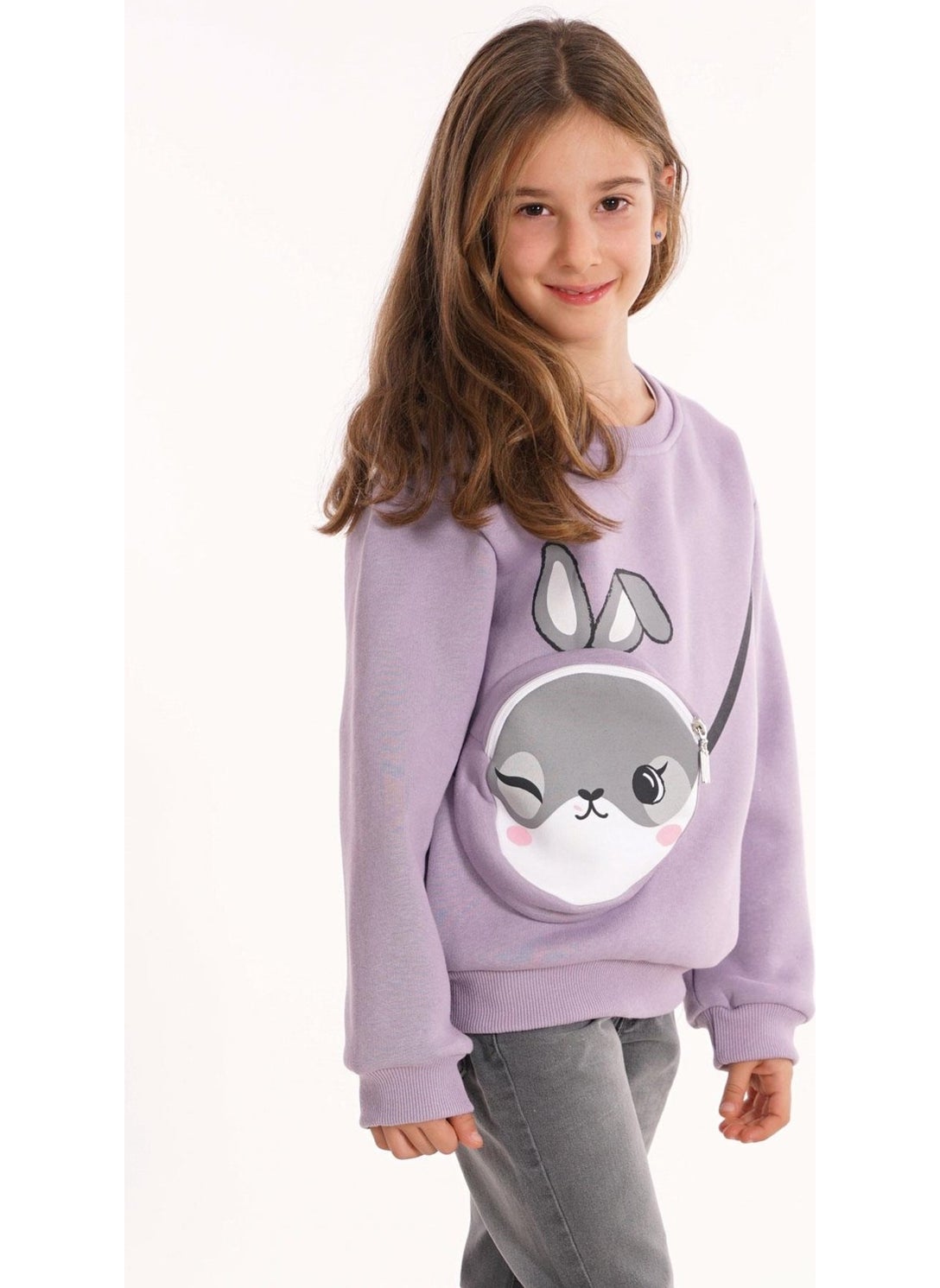 Rabbit Printed Bag Lilac Color Girl Sweater