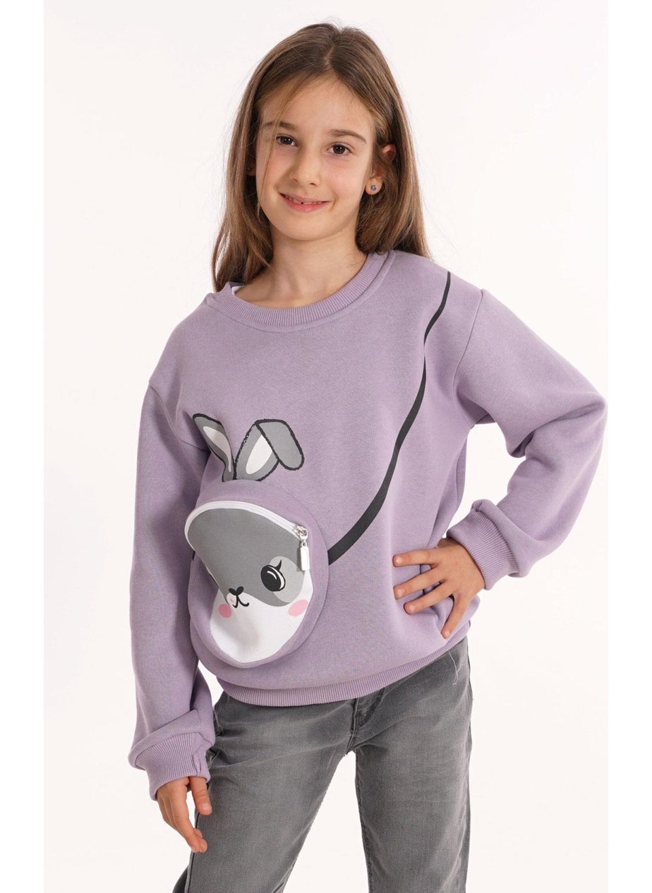 Rabbit Printed Bag Lilac Color Girl Sweater