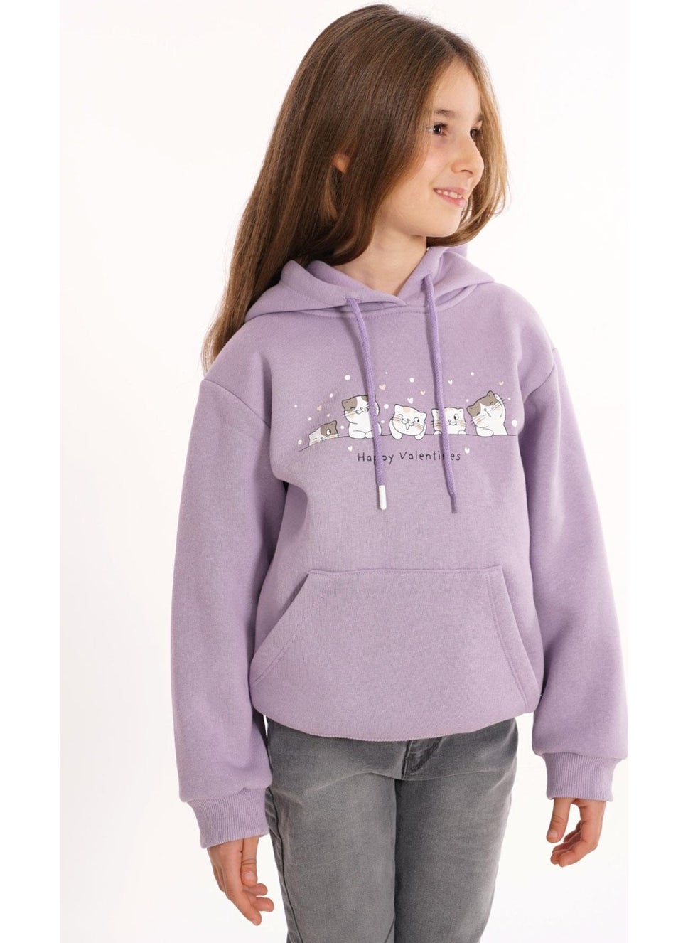 Cat Printed Kangaroo Pocket Dusty Lilac Color Girl's Hooded Sweater